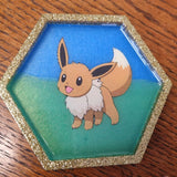Eevee pokemon resin hexagon coaster with sky and grass scenery background, can be personalised, nerdy gift