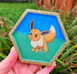 Eevee pokemon resin hexagon coaster with sky and grass scenery background, can be personalised, nerdy gift