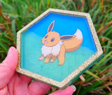 Eevee pokemon resin hexagon coaster with sky and grass scenery background, can be personalised, nerdy gift