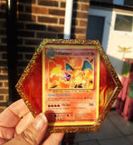 Custom personalised pokemon coasters with alcohol ink swirl backgrounds, made to order using a selection of proxy cards