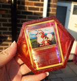 Custom personalised pokemon coasters with alcohol ink swirl backgrounds, made to order using a selection of proxy cards