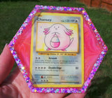 Custom personalised pokemon coasters with alcohol ink swirl backgrounds, made to order using a selection of proxy cards