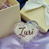 Personalised Breastmilk inclusion palmstone heart keepsake with a choice of opal glitters, breastmilk jewelry