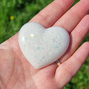 Personalised Breastmilk inclusion palmstone heart keepsake with a choice of opal glitters, breastmilk jewelry