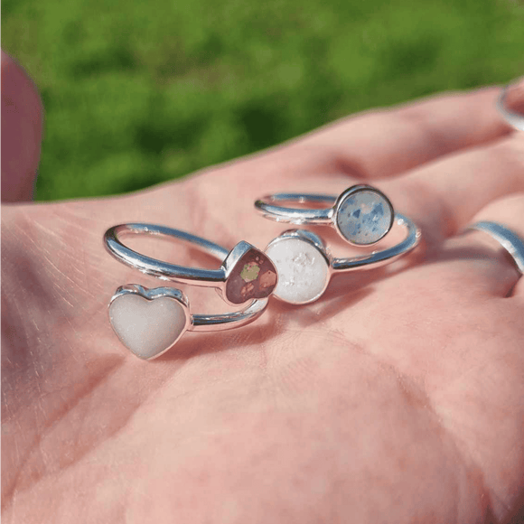 STERLING SILVER BREAST MILK RINGS// with choice of opal glitters and metallic leaf, breastmilk keepsake jewellery