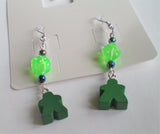 Dice and meeple earrings in a variety of bright colours, geeky nerd jewelry