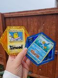 Custom personalised pokemon coasters with alcohol ink swirl backgrounds, made to order using a selection of proxy cards