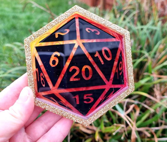 Custom D20 DICE DnD COASTER with resin ink swirls// Natural 20, Dungeons and dragons RPG,