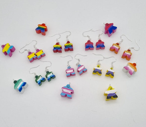 LGBTQA+ MEEPLE JEWELRY// Queer Board Gamer Gift, Pride flag earrings and pendants made to order in your colours