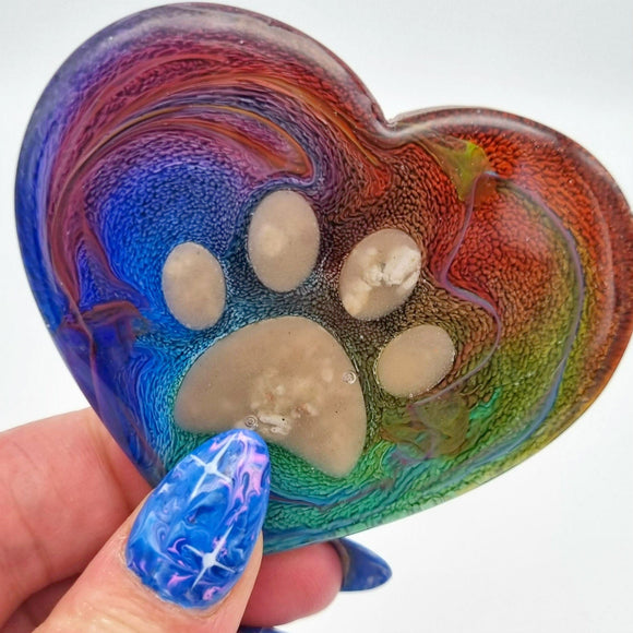 Rainbow bridge resin paw print heart, pet memorial ash urn keepsake
