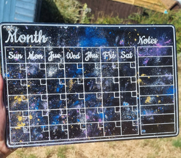 Dry wipe monthly planner with magnets. Resin Night Sky calendar.