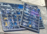 Dry wipe monthly planner with magnets. Resin Night Sky calendar.