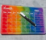 Dry wipe monthly planner with magnets. Resin Rainbow Swirl calendar. LGBTQ