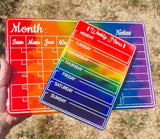 Dry wipe monthly planner with magnets. Resin Rainbow Swirl calendar. LGBTQ