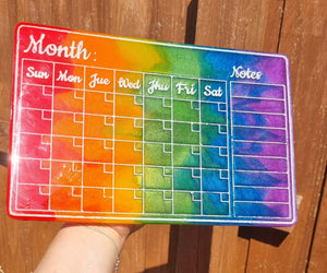 Dry wipe monthly planner with magnets. Resin Rainbow Swirl calendar. LGBTQ