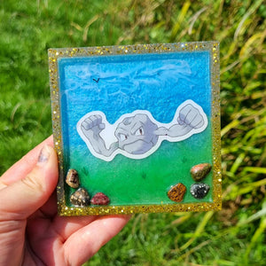 Pokemon Geodude coaster art with display stand, gemstone embellished, geeky gift