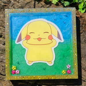 Pokemon embellished art Pikachu coaster with display stand, geeky gift
