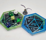 Customisable DnD Oval Dice tray with polyhedral dice sword, geeky gift