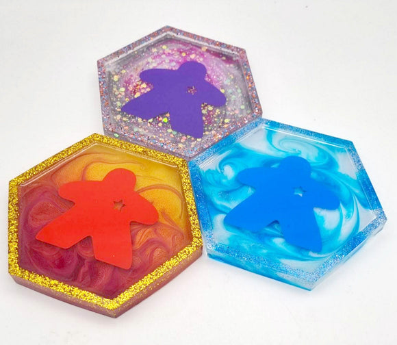 Custom MEEPLE COASTER with resin ink swirls// Boardgame Geeky gift