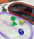 Customisable DnD Oval Dice tray with polyhedral dice sword, geeky gift