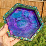 Custom hexagon ink swirl DICE TRAY in a range of colours // Geeky resin rolling tray