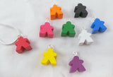 Dice and meeple earrings in a variety of bright colours, geeky nerd jewelry