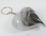 Heart shaped pet fur memorial key chain with silver glitter, pet fur keepsake