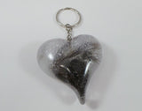 Heart shaped pet fur memorial key chain with silver glitter, pet fur keepsake