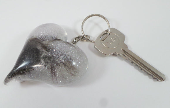 Heart shaped pet fur memorial key chain with silver glitter, pet fur keepsake