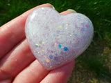 Personalised Breastmilk inclusion palmstone heart keepsake with a choice of opal glitters, breastmilk jewelry