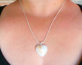 Breastmilk inclusion ecopoxy heart pendant with gold copper or silver leaf on a Sterling silver snake chain, breastmilk jewelry keepsake